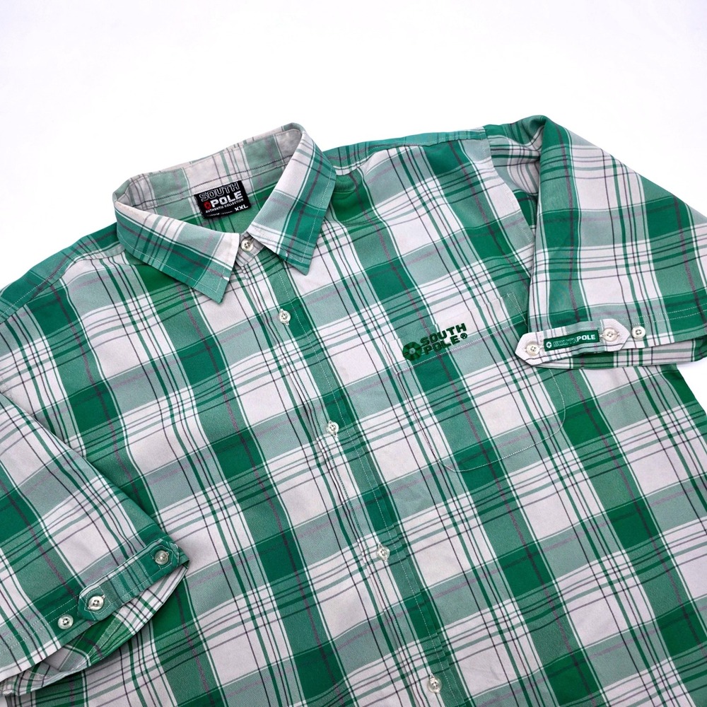 Southpole Mens XXL Green Plaid Short Sleeve Button Down Shirt Y2K Streetwear
